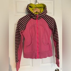 Lululemon Athletica Scuba top. Pink and lime green with stripes. Size 2.